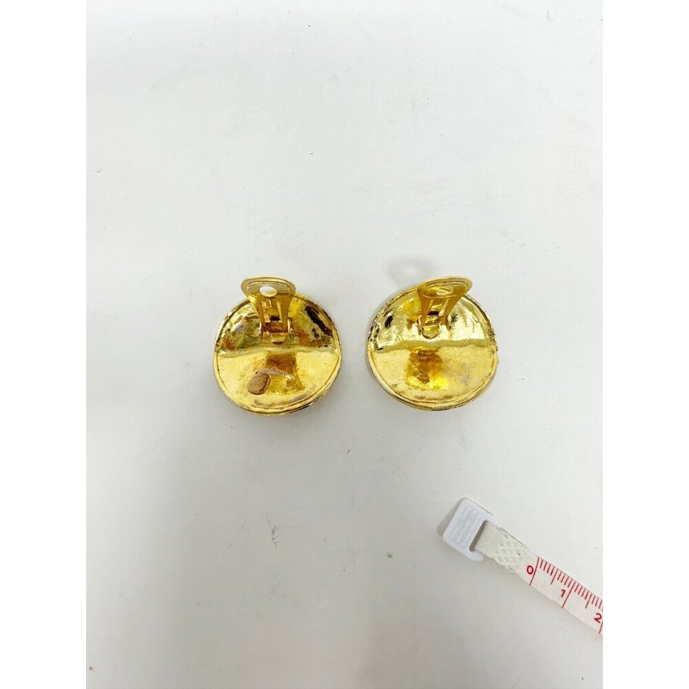Chanel Pair of Gold Plated Black Metal Clip On Earrings Interlocked C Logo Round - Picture 4 of 5